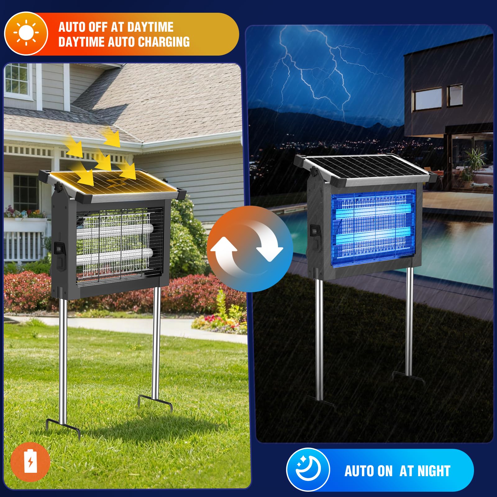 Solar Bug Zapper Outdoor, 4500V Wiederaufladbarer Wasserdichter Mückenvernichter mit Solarpanel Sensor, Elektrische Fliegenfalle, 3.0 m Kabel, Kabelloser Insektenvernichter für Terrasse Hof