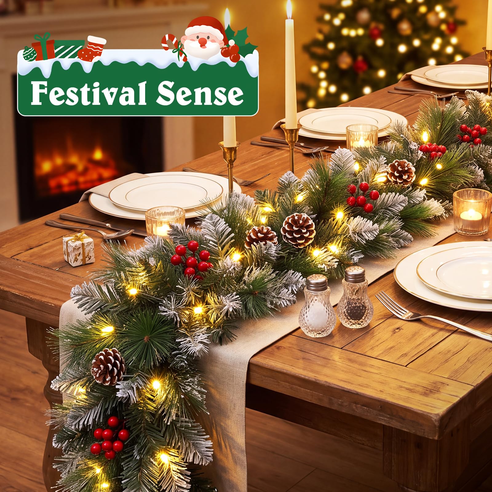 SHAVINGFUN Guirnalda Navideña de 9 Pies, Ratán Verde con Decoraciones de Flores Rojas para Escaleras del Hogar, Chimenea, Decoración Navideña para Interiores y Exteriores con Luces LED