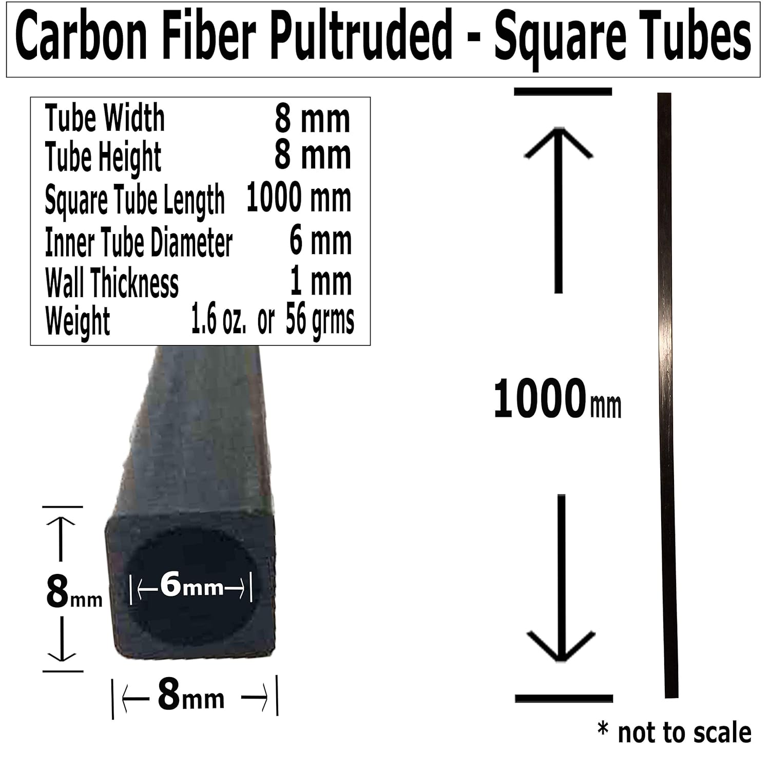 (4) 8mm x 8mm x 1000mm - Pultruded Carbon Fiber - Square Tube-Round Center- RC Hobbies, Drones, Special Projects- RC - (4) Tubes