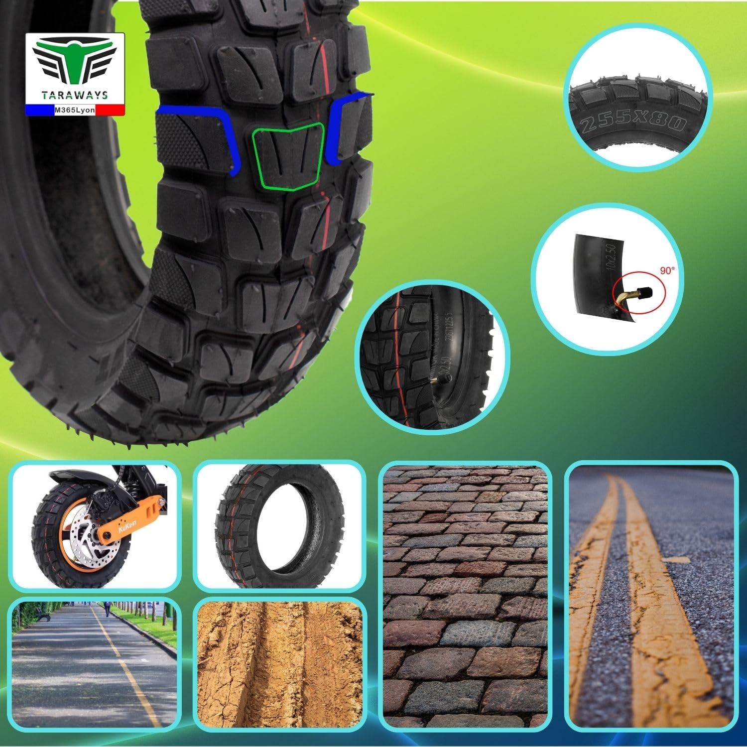 Pneu et Chambre à air 255x80 Pour Trottinette Dualtron Victor Luxury +, Kaabo Mantis 10 Mobygum Xenon-S - Speedtrott RX 2000 - Wegoboard Blaster Zero 10X et kukirin G2 Master, Nanrobot D6+(Tire+Tube)