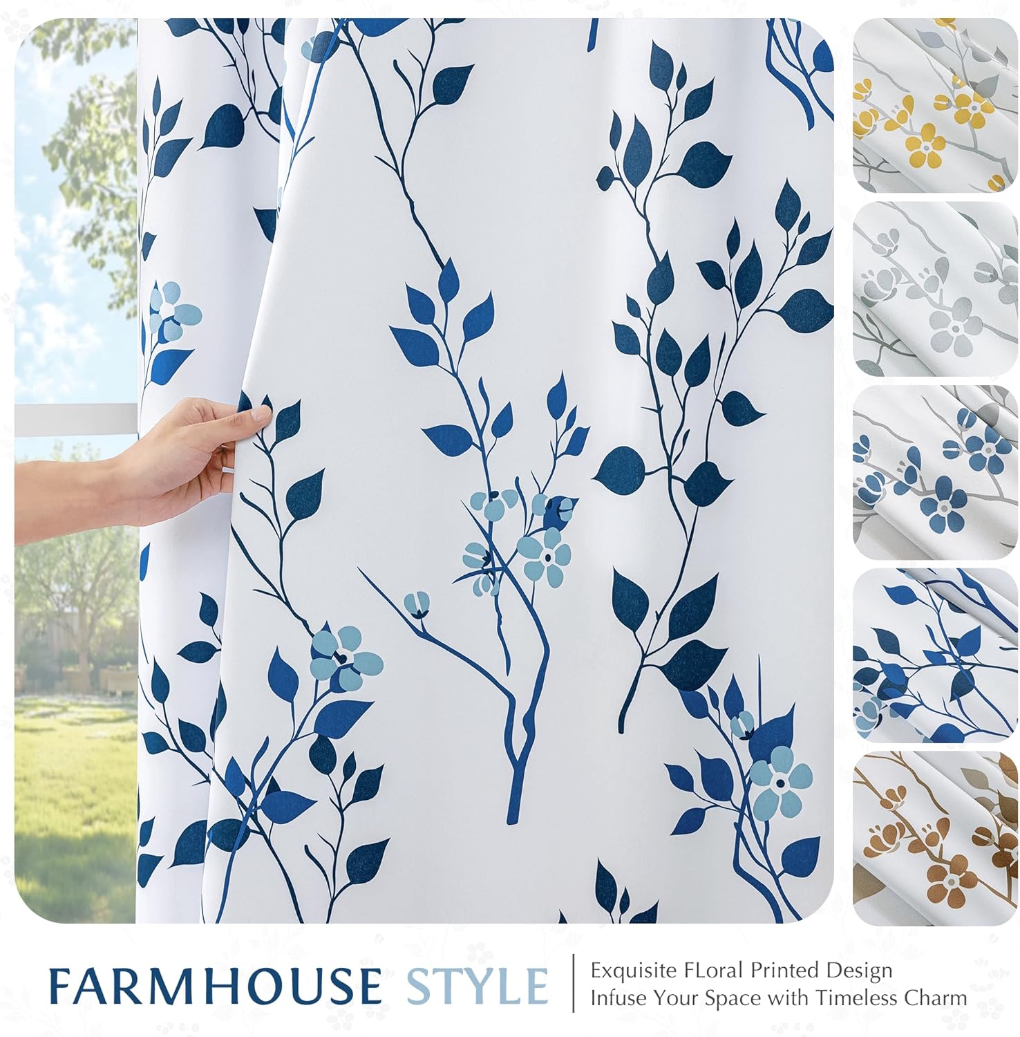 Beauoop Floral 100% Blackout Curtains 84 Inches Long 2 Panels for Bedroom Living Room Navy Blue and White Flower Patterned Room Darkening Thermal Soundproof Grommet Window Treatments Drapes, 52X84 - Image 8