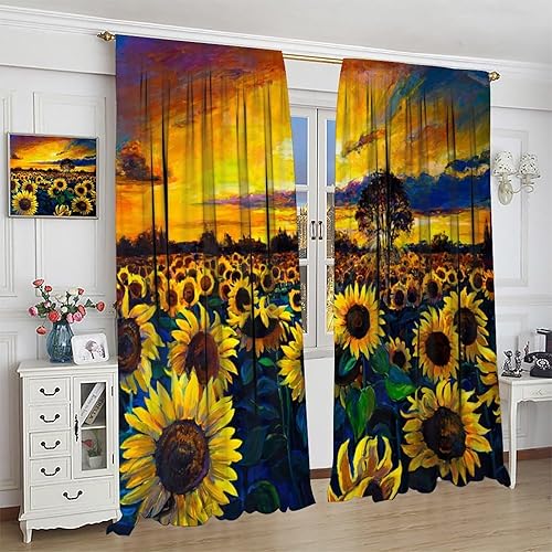Miniatura 4 de Cortinas de girasol, pintura al óleo, puesta de sol, campo de girasol, arte, dormitorio, sala de estar, guardería, ventana, cortinas decorativas, 42