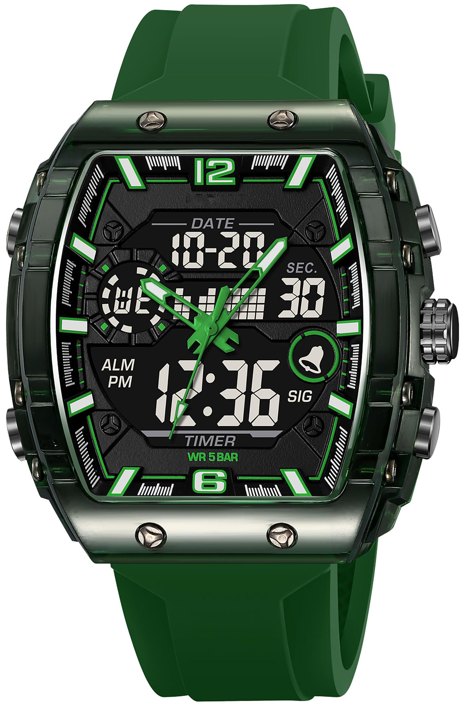 findtime Herren-Armbanduhr, Sport, einzigartig, digital, analog, wasserdicht, für Männer und Frauen, Stoppuhr, Alarm, coole Chronograph-Uhr, Silikonband, Armbanduhr, transparent, großes rechteckiges