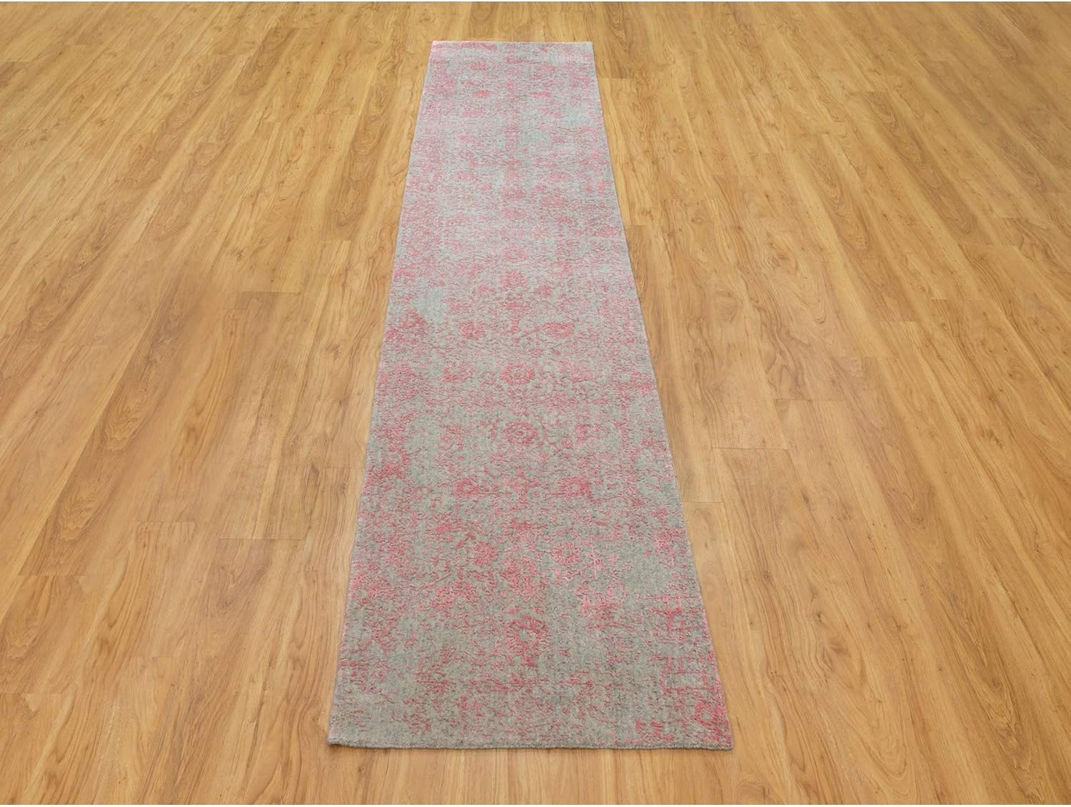 Pink Wool and Art Silk Erased Farsian Design Runner Hand Loomed Jacquard Oriental Rug(2'6"x11'10")