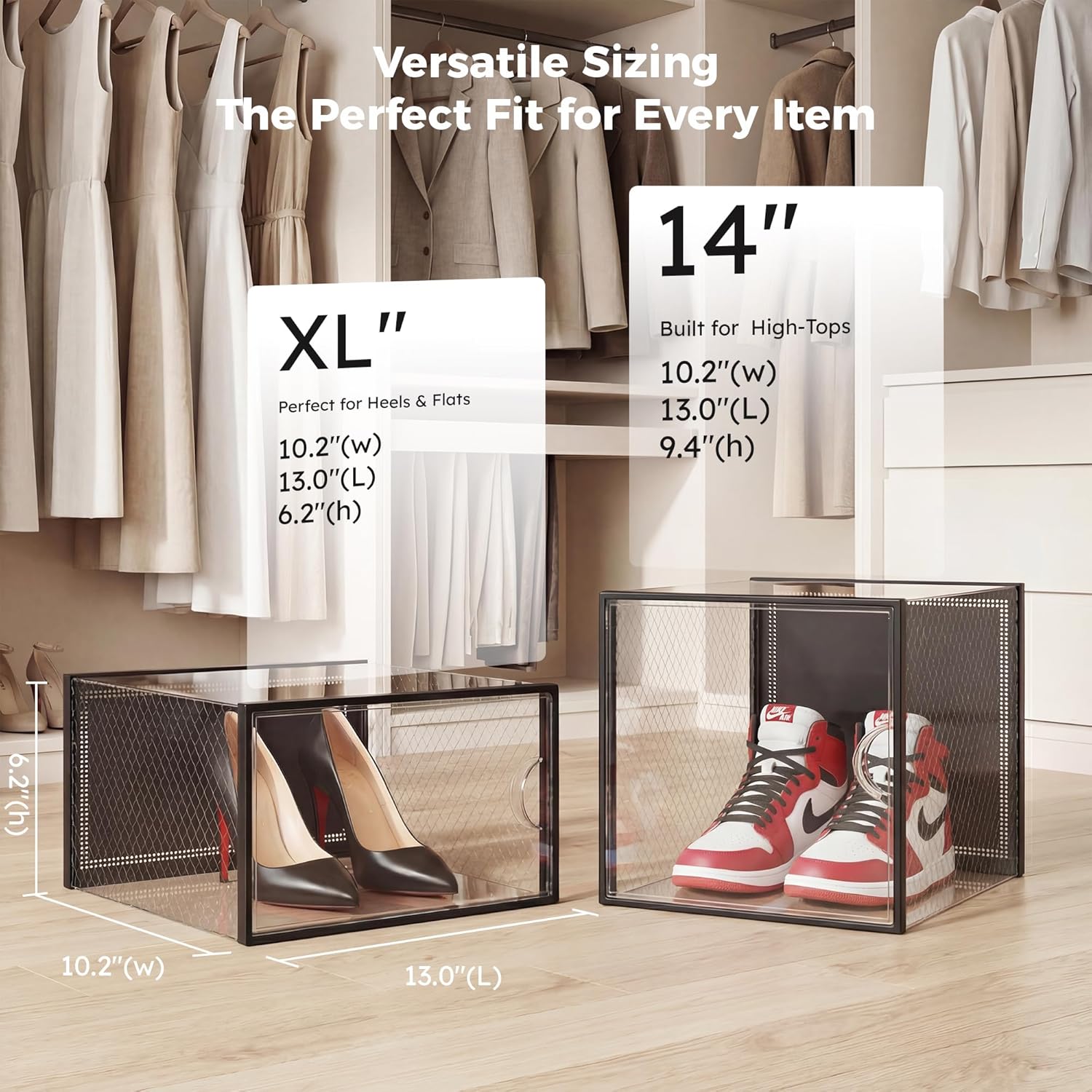 Shoe Storage Boxes Organizers 15 Pack XL+XXXL Combo Set Clear Plastic Stackable Sneaker Containers, Heels and Boots Storage Organizer Bins for Entryway, Closet, Under Bed, Black