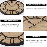 Ceas de perete rustic Maxstar cu funcționare silențioasă, cifre arabe, pe baterii, pentru living, dormitor, birou, 16 inchi, negru 3