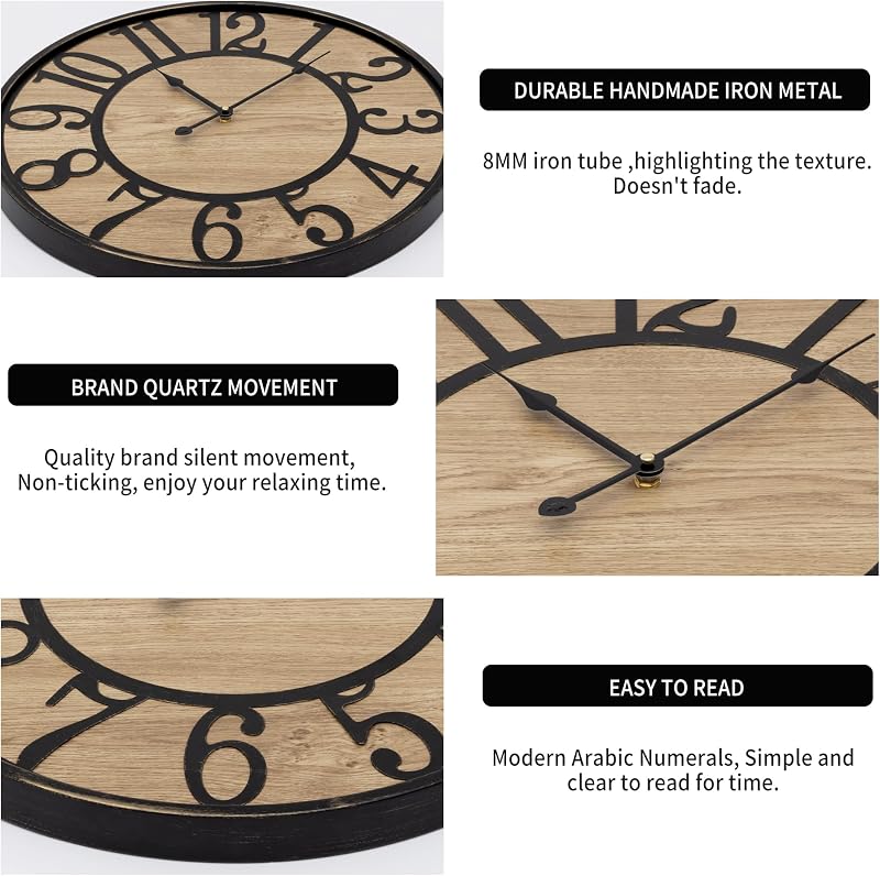 Ceas de perete rustic Maxstar cu funcționare silențioasă, cifre arabe, pe baterii, pentru living, dormitor, birou, 16 inchi, negru