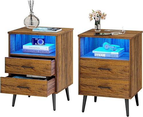 Miniatura 14 de LVSOMT Mesita de noche con cajón de compartimento, mesita de noche de carga con puerto USB y tipo C, mesita de noche LED con luces de sensor humano,