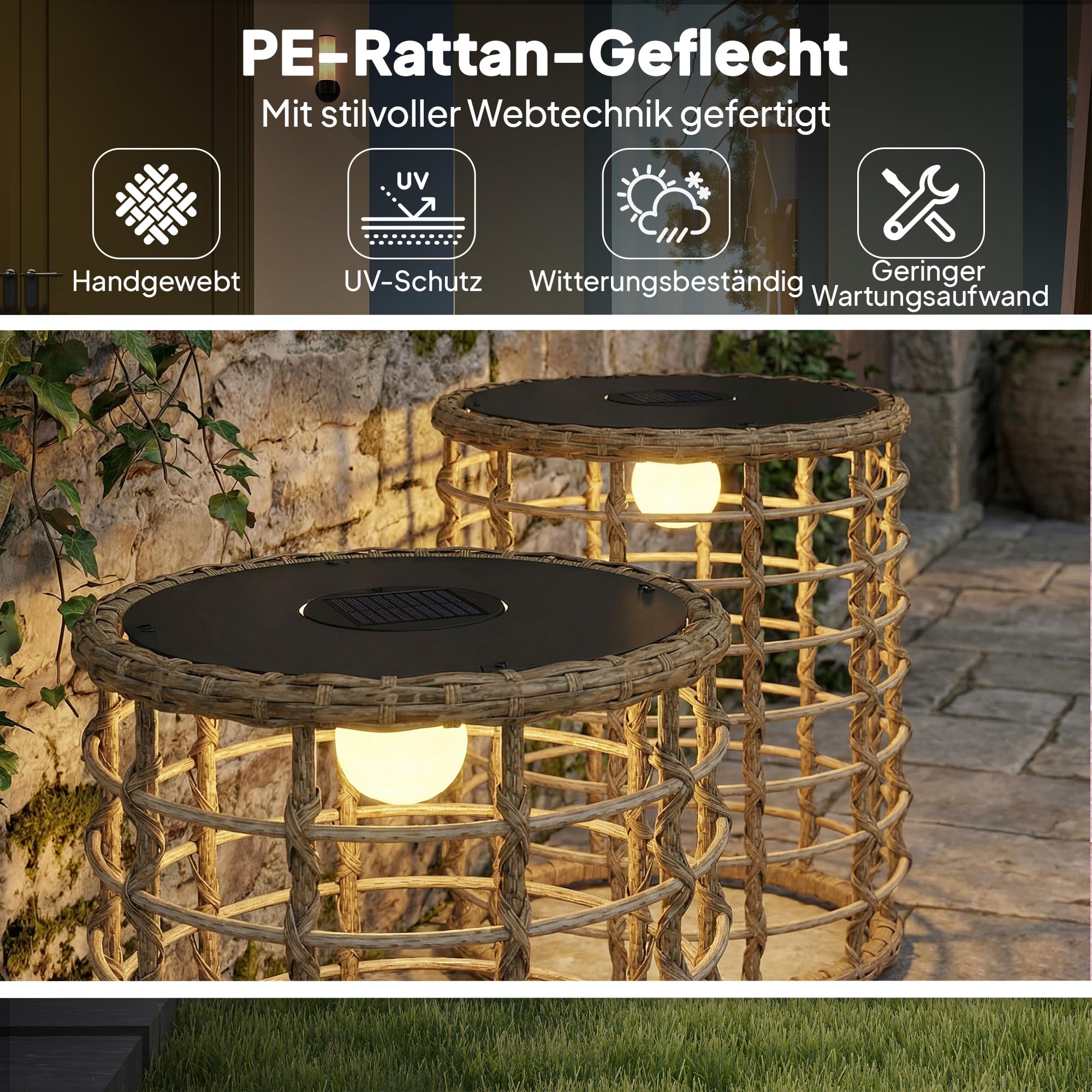 Outsunny Set di 2 lampade solari a energia solare in rattan con sensore di luce, lampada solare a LED in stile boho, IP44, impermeabile, per giardino, balcone, esterno, prato, cortile