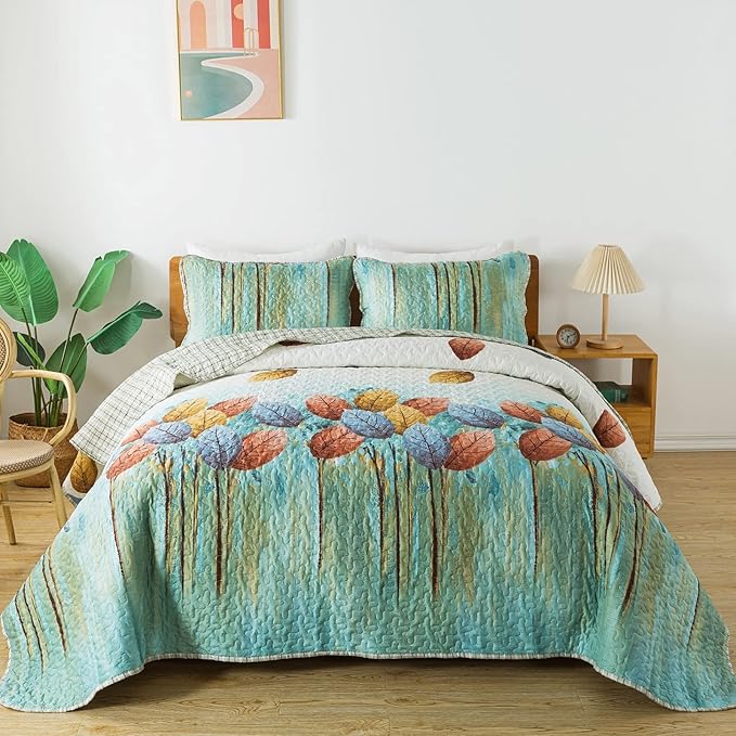 Luxudecor Green Quilt Set King Size 3 Pieces Botanical