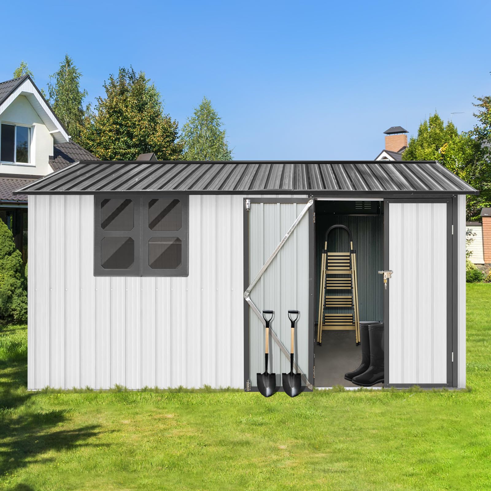 10x12 FT Storage Sheds & Outdoor Storage, Metal Sheds Outdoor Storage Sheds, Outdoor Storage Cabinet Weatherproof, Outdoor Shed with Lock and Window, Garden Shed for Tools, Barbeques (White')
