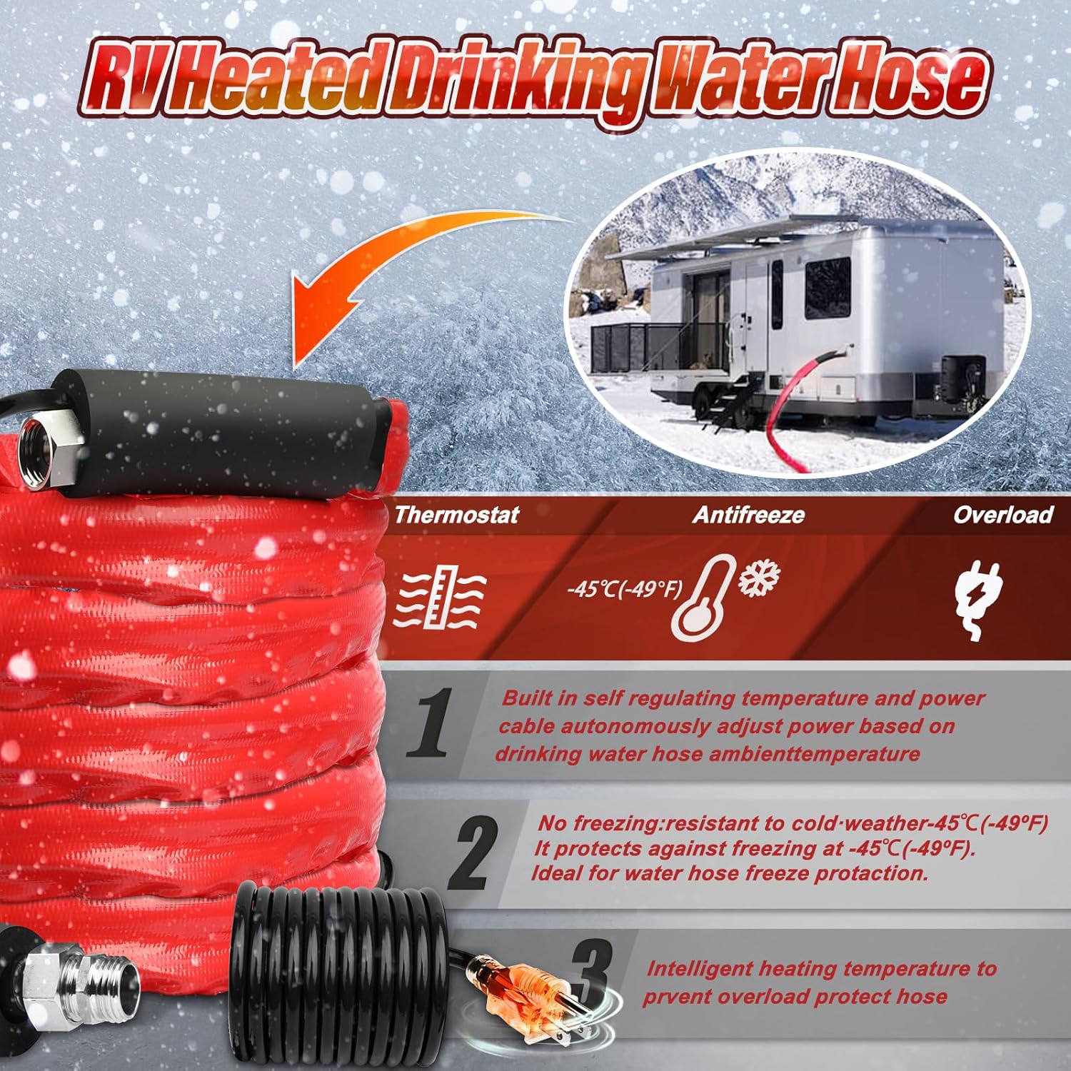 13FT，26FT，50FT RV Heated Drinking Water Hose | Water Line Freeze Protection -45°C（-49°F）Heat Garden Hoses,Water Hose for Winter Includes Adapter for Connection to Either End of Hose