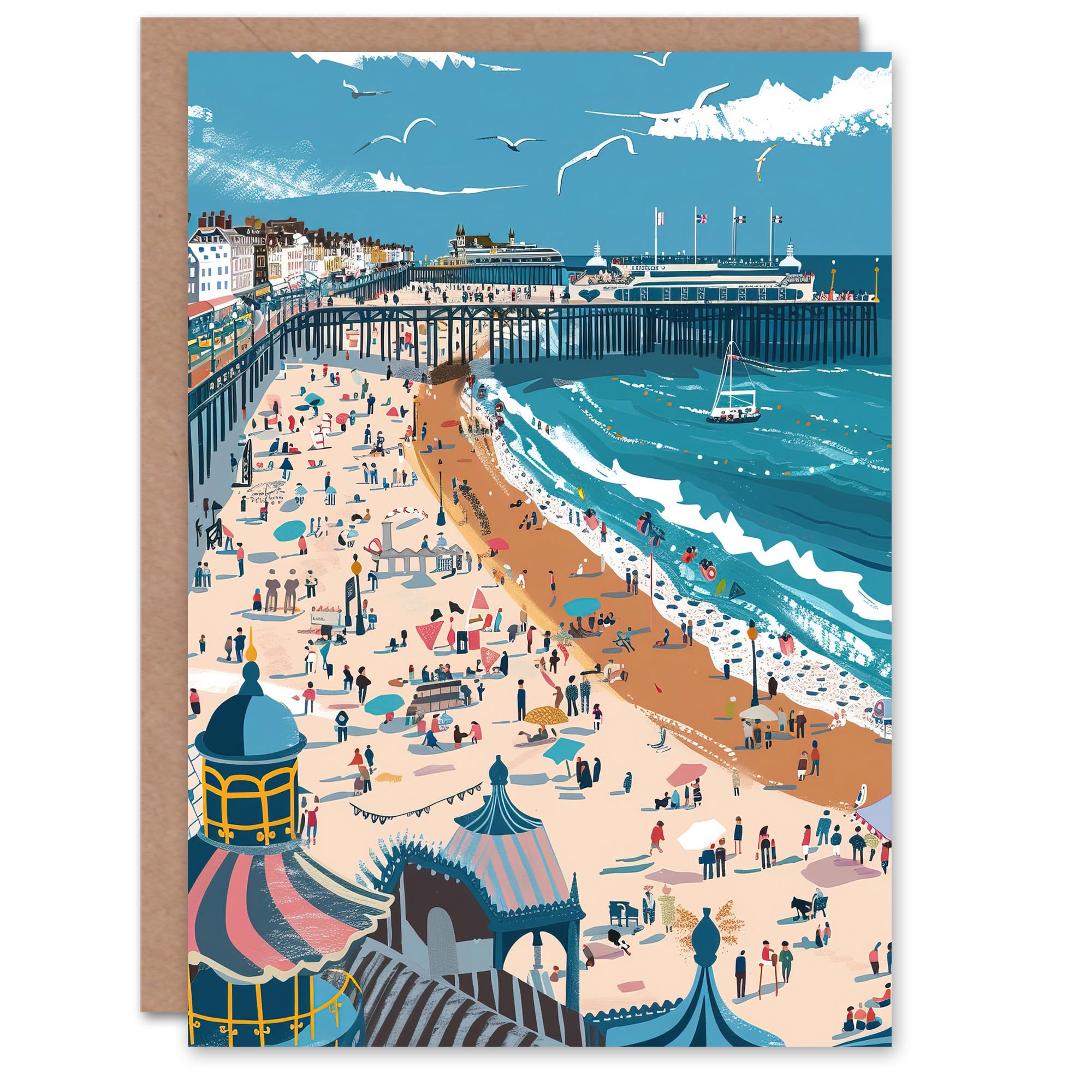 Artery8 Greeting Card Brighton Pier Beach Holiday Colourful Painting Blank For All Him Or Her Art Birthday Card