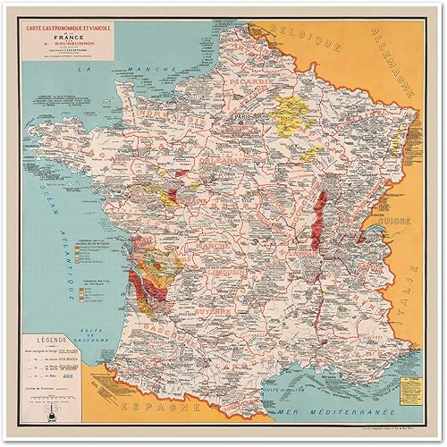 Antiguos Maps Gourmet France, Comida francesa y vino - Gastronomique et Vinicole de la France par A. Bourguignon circa 1932 | Decoración de pared