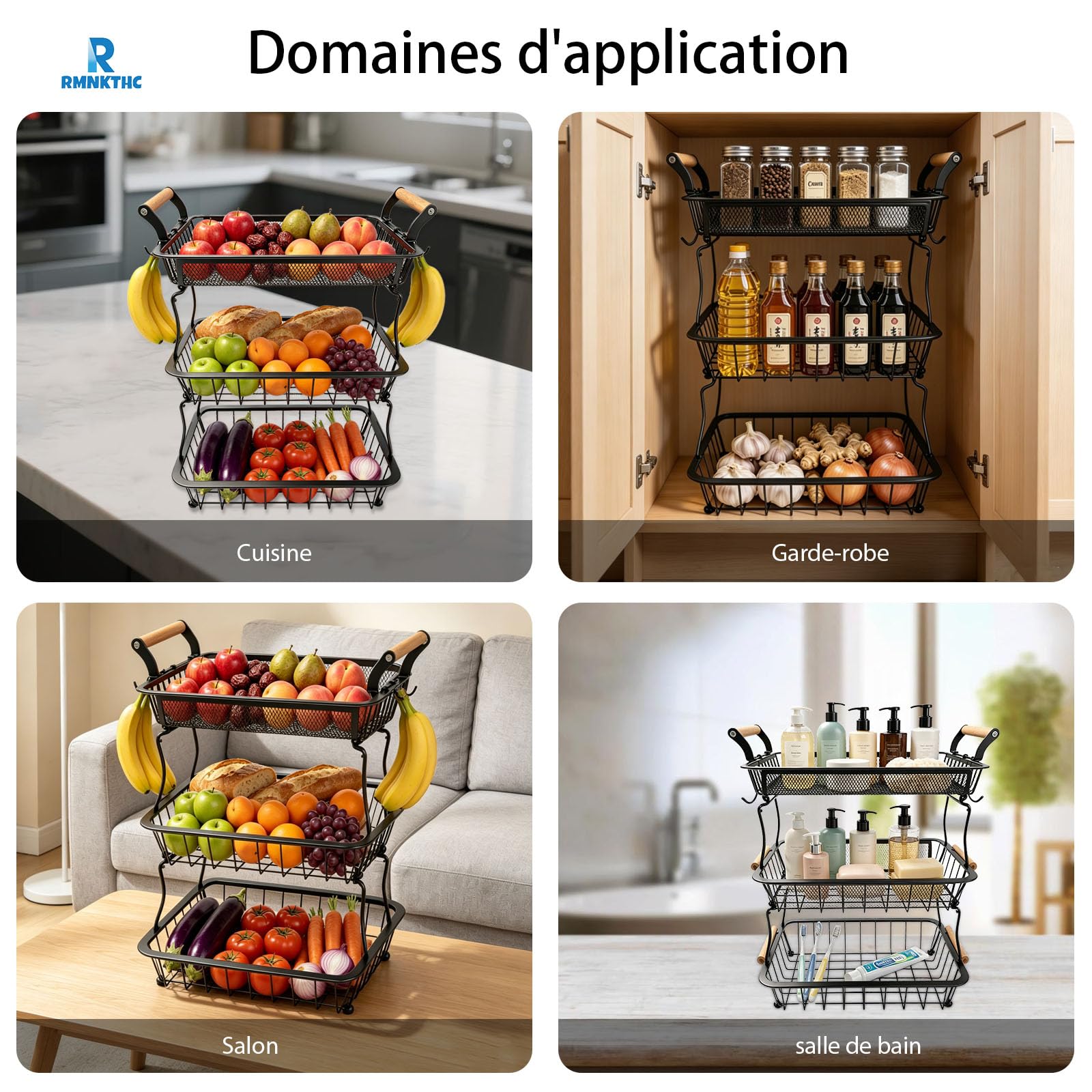 Obstkorb mit 3 Ebenen, Obst-Gemüsekorb mit 2 Bananenaufhängern, Küchenarbeitsplatte, Anrichte, Vorratsschrank, zur Aufbewahrung für Brot, Snacks, Obst（ Schwarz）