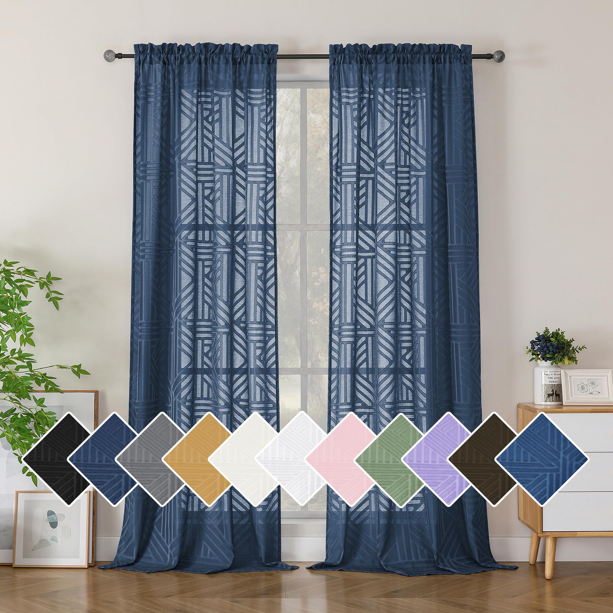 Simplebrand Navy Blue Semi Sheer Curtains 96 Inches Long 2 Panels, Light Filtering Geometric Jacquard Clip Textured Sheer Curtains for Living Room，