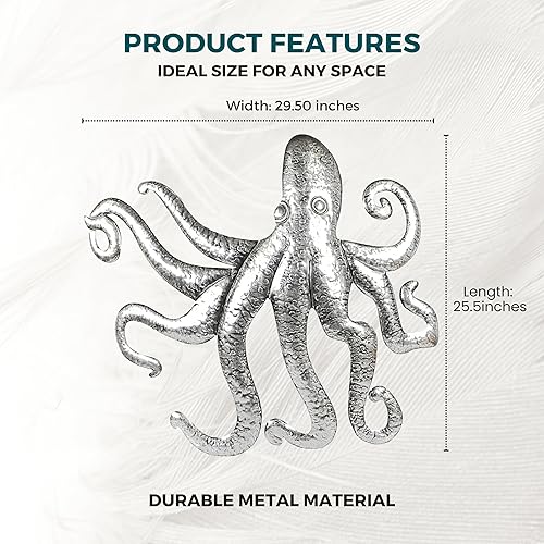 Miniatura 2 de AMAJY Placa de metal rústico para colgar en la pared, diseño intrincado martillado a mano con ocho tentáculos, decoración costera del océano