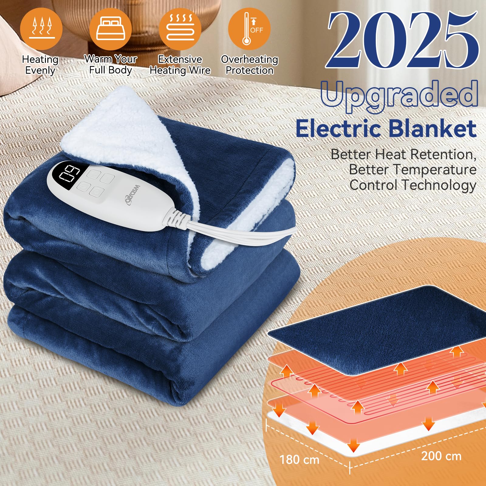 Coperta Termica 180 * 200cm Coperta Riscaldante Elettrica con 9 Livelli Di Calore e 10 Timer e Display Led Plaid Riscaldabile Termocoperta Singola e Doppie Blu Navy