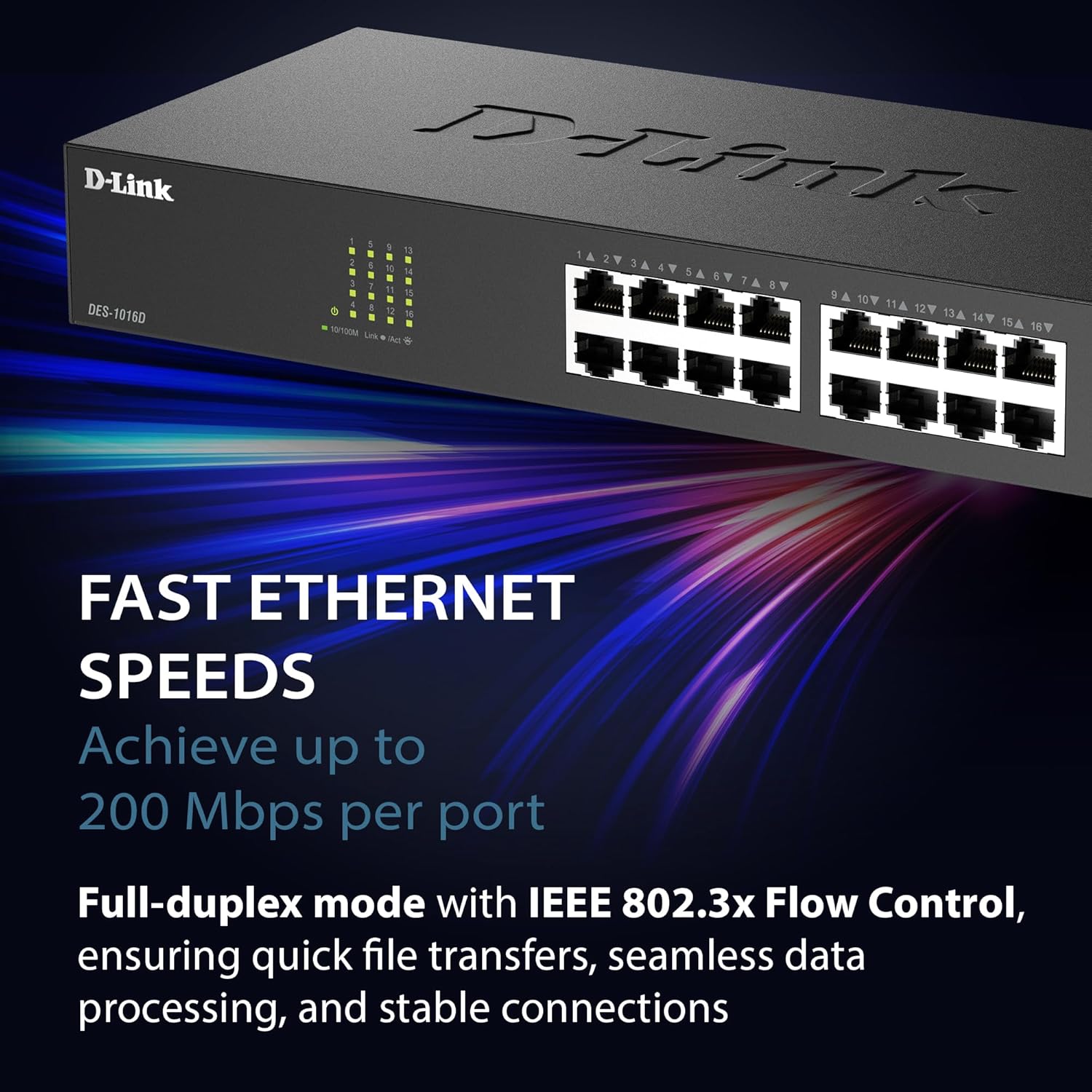D-Link 16 Port Fast Ethernet Switch Unmanaged 10/100 Mbps Desktop Rackmount Plug and Play Metal Housing Fanless Design EEE (DES-1016D)