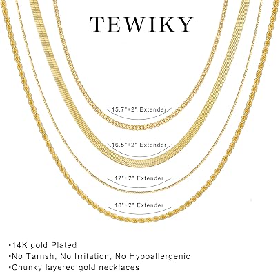 Tewiky Layered Necklaces for Women Non Tarnish- Chunky 14k Gold Plated Herringbone/Snake/Rope/Box/Cuban Link Chain for Women Waterproof Layering Stack Choker Necklace Trendy Dainty Tarnish Free Jewelry Set