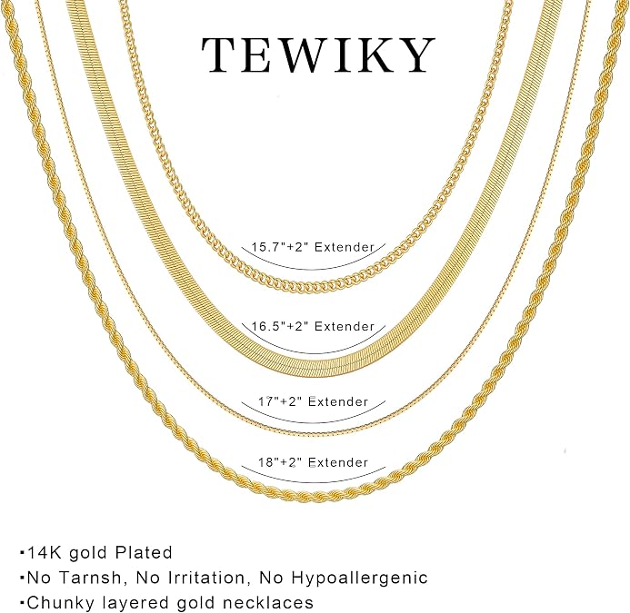 Tewiky Layered Necklaces for Women Non Tarnish- Chunky 14k Gold Plated Herringbone/Snake/Rope/Box/Cuban Link Chain for Women Waterproof Layering Stack Choker Necklace Trendy Dainty Tarnish Free Jewelry Set