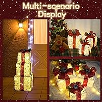 Vista 6 de Decoraciones de Navidad: Juego de 3 cajas de regalo iluminadas de Navidad, decoración de Navidad de peluche diminuta con 60 luces LED blancas