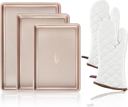 Miniatura 27 de HONGBAKE - Juego de 3 bandejas de galletas antiadherentes para hornear, molde para horno con patrón de textura de diamante, bandejas de galletas