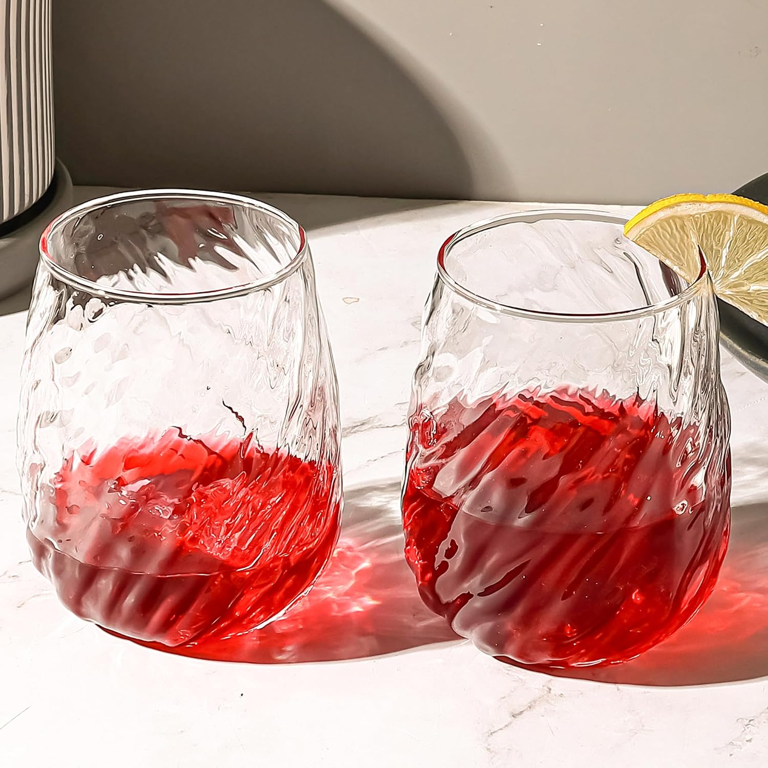 Stemless Wine Glasses Set of 12, 16.5 oz Rippled Texture Modern Glasses for Red & White Wine, Durable Glassware for Home, Bar, Party, and Daily Use (Rippled Texture)