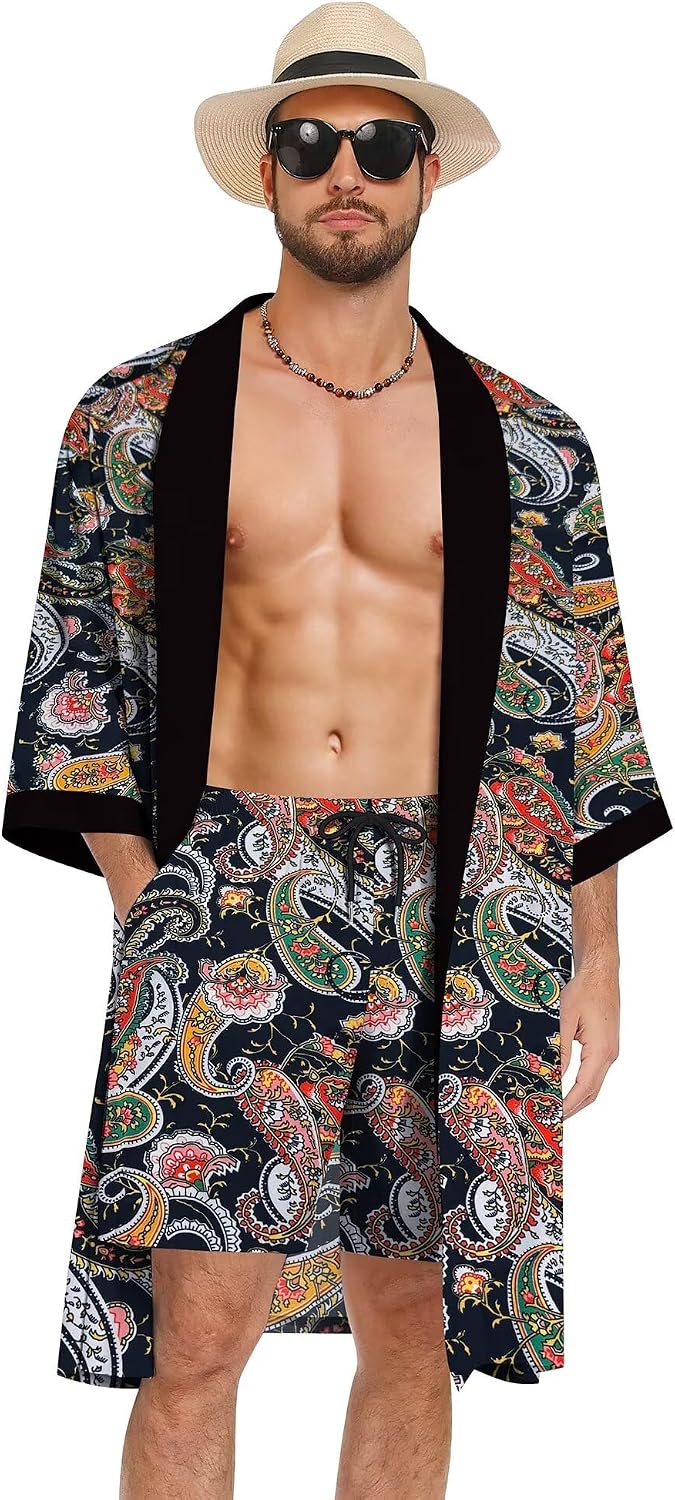 SWOMOG Men's Robe with Shorts Set Lightweight Kimono Bathrobe 2 Piece Open Front Cardigan Robes