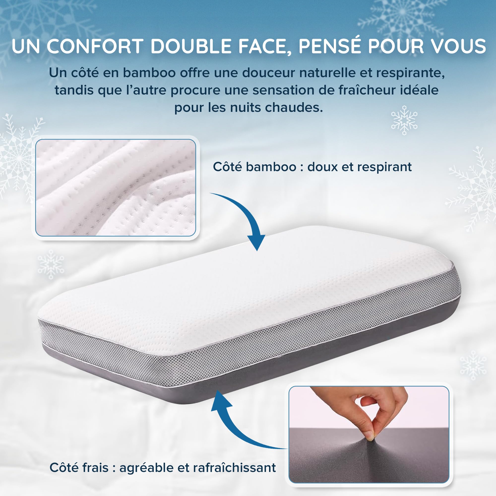 Cuscino ergonomico Cervical in Memory Foam | Altezza regolabile | Doppio lato bambù & freschezza | per schienale, lato, pancia, fodera lavabile a 30 °C
