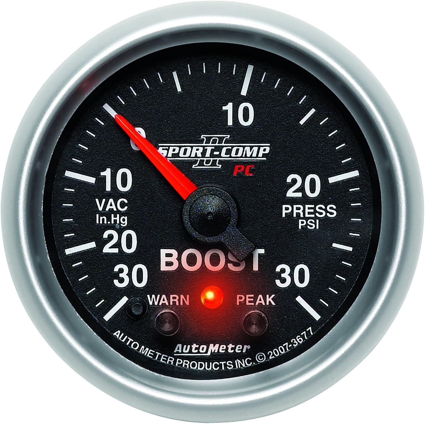 Auto Meter 3677 Sport-Comp II PC 2-1/16" 30 in. Hg/30 PSI Full Sweep Electric Vacuum/Boost Gauge Peak and Warn with Electronic Control