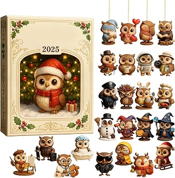 2025 Christmas Calendar 2D Flat Acrylic Adorable Animal-theme Pendant | 24 Days Owl Pendant Countdown Calendar for Men Women Boys Girls Youth Teens Wife Husband Son Daughter Family