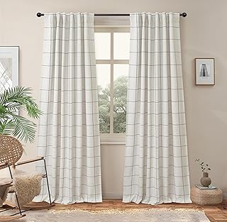 DriftAway 2 Panels 100% Blackout Windowpane Plaid Linen Curtains Double Layer Drapes for Bedroom 84 Inches Long Farmhouse Thermal Insulated 3.25 Inch Rod Pocket Back Tab for Living Room Gray