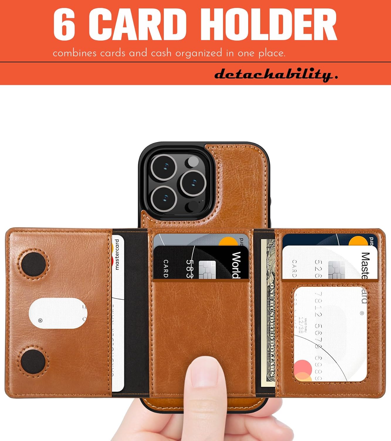 LOHASIC for iPhone 16 Pro Max Case Wallet, 6 Card Holder, RFID Blocking, Compatible with MagSafe, Detachable Portfolio Back PU Leather ProMax Phone Cover, 6.9 Inch - Brown