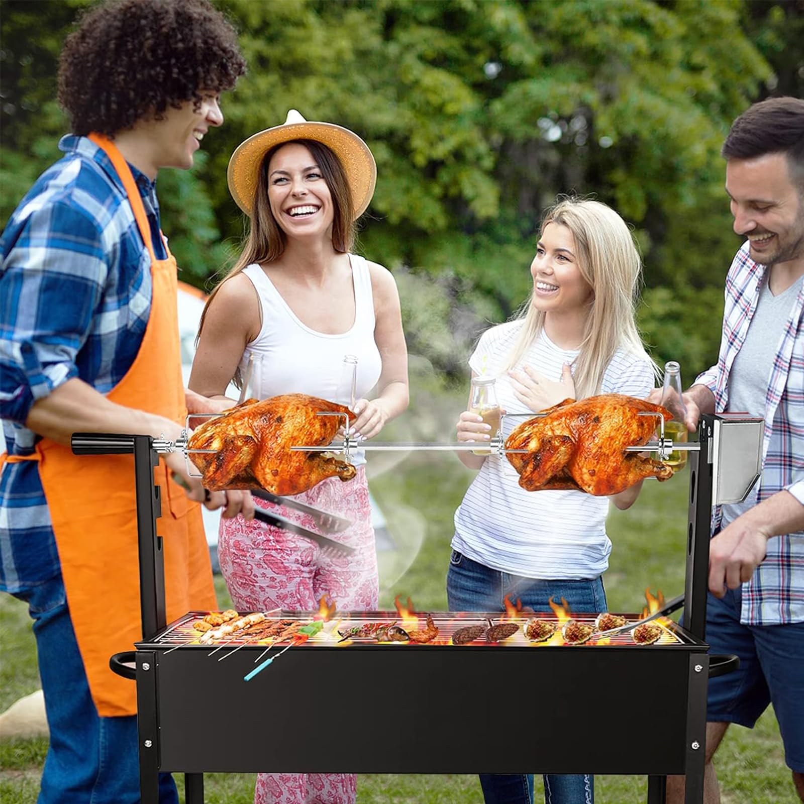 YUENFONG Motore Per Spiedini in Acciaio Inossidabile 220-240 V, Spiedo da 107 cm, Girarrosto Elettrico Con 2 Aghi Per Carne Per Barbecue, Per Attività All'aperto, Picnic in Campeggio, Feste