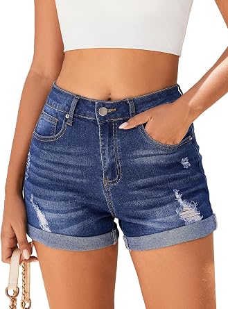 Bosmeer Womens Mid-High Rise Ripped Denim Shorts Stretchy Distressed Jean Shorts with Pockets Folded Hem Casual Summer Jorts