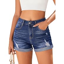 Bosmeer Womens Mid-High Rise Ripped Denim Shorts Stretchy Distressed Jean Shorts with Pockets Folded Hem Casual Summer Jorts