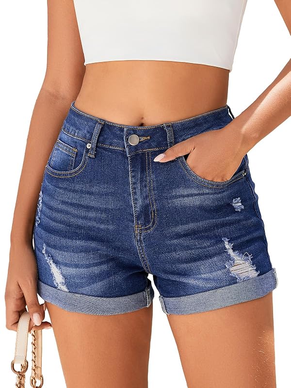 Bosmeer Women's Casual Mid-High Rise Ripped Jorts Distressed Stretchy Denim Jean Shorts for Street Style Summer by Bosmeer - Used condition - US$20.07