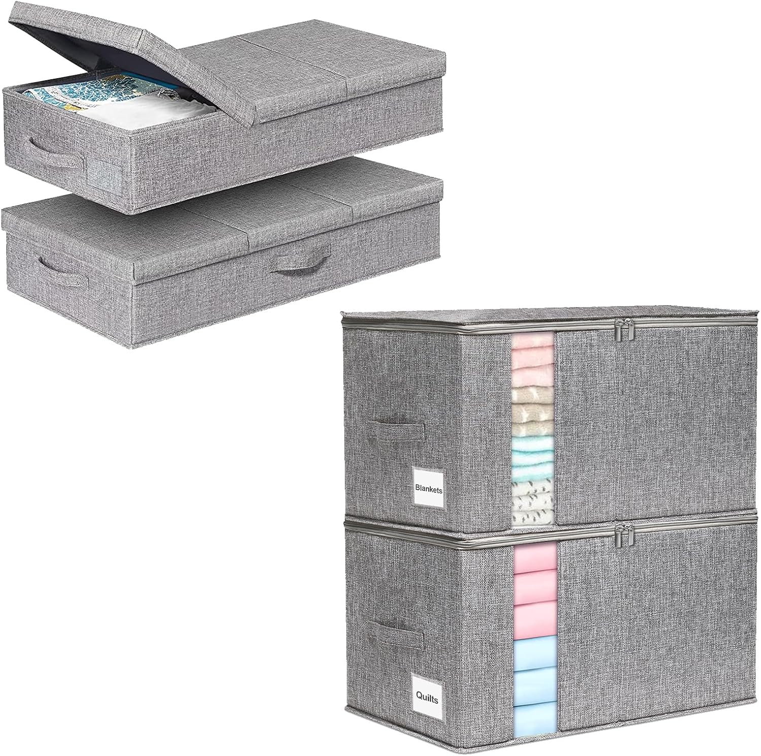 punemi Under Bed Storage With Lids& Large Clothes Storage Bags, 2 Pack Large Underbed Storage Containers Clothes W/ 3 Handles, 2 Pack Closet Organizers and Storage Foldable Storage Bin with Zipper
