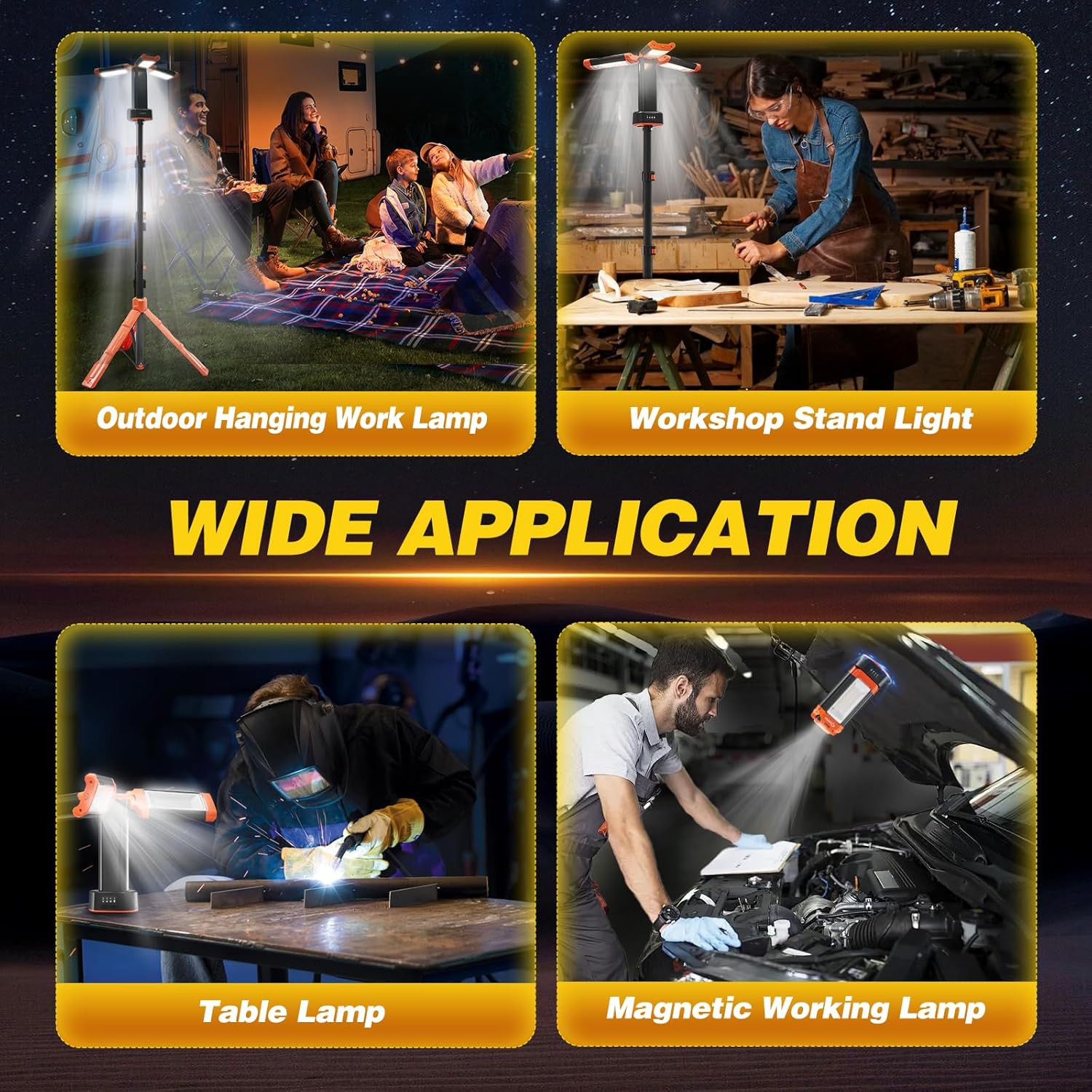 MENDED Portable Camping Light with Tripod Stand 73.2inch Rechargeable Cordless Work Light with 3 LED Lamp Heads for Outdoor Work, Power Outages, Fishing (Orange)