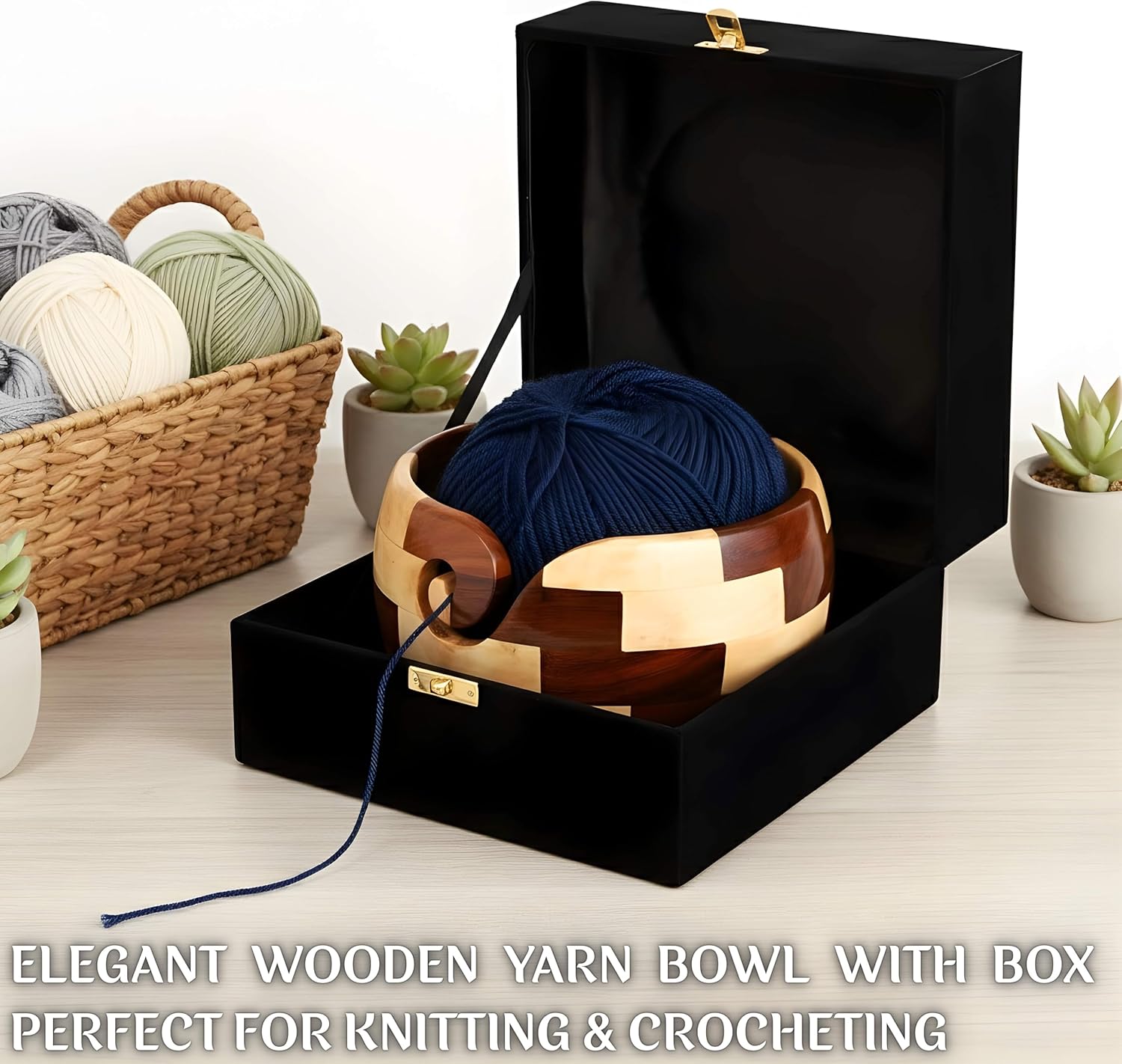 Wooden Yarn Bowl, Large Yarn Storage 7x4 Inch Bowl with Box, Rosewood & Maple Signature Bowl, Yarn Holder for Knitting & Crocheting, Gift Ideas for Christmas, Mother's Day