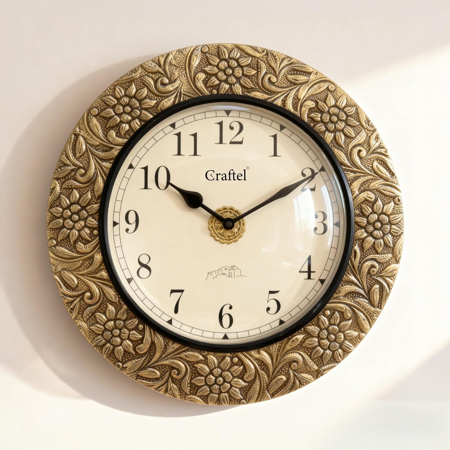 12 Inch Antique Brass Embossed Wall Clock for Home | Premium Aluminum Dial | Vintage Floral Design | Decorative Clock for Living Room & Office (1-Year Warranty)