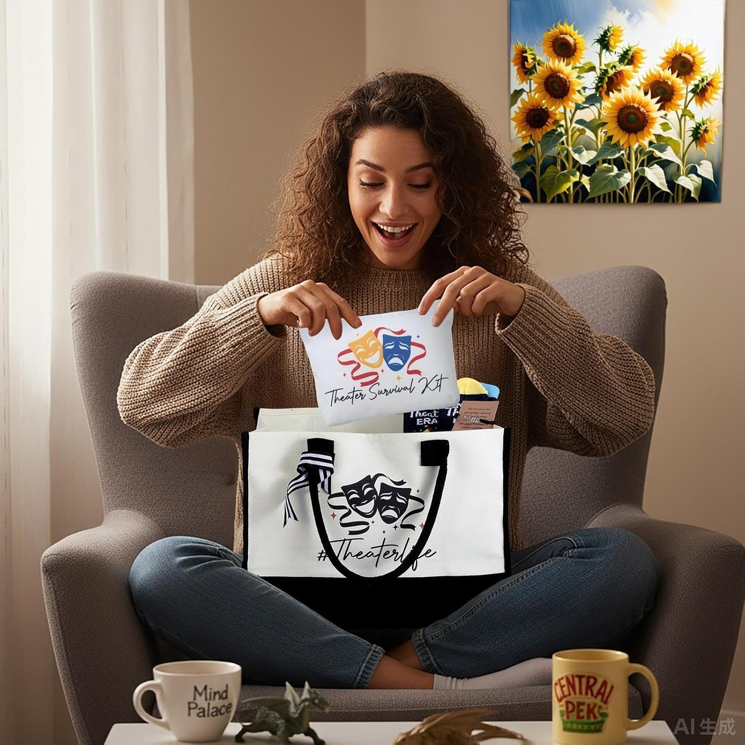 Mimorou 6 Pcs Theater Gifts Set for Women Drama Lover Gifts with Trapezoid Canvas Tote Cosmetic Bag Novelty Socks Keychain Bracelet Card for Theater Broadway Lover Musical Actor Graduation Gift