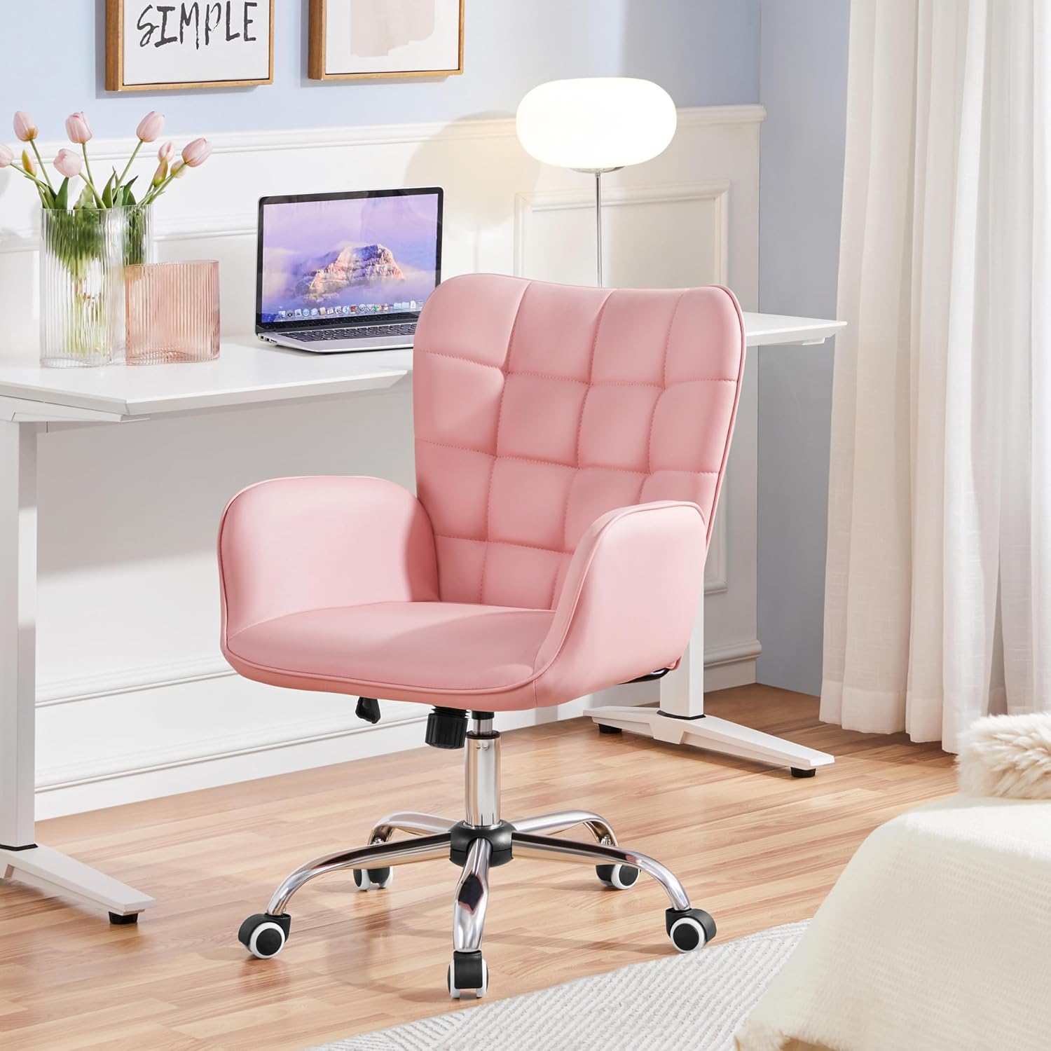 Yaheetech Modern Faux Leather Office Chair Ergonomic Adjustable Vanity Makeup Chair with Padded Armrests Big Seat for Office, Study, Home, Pink