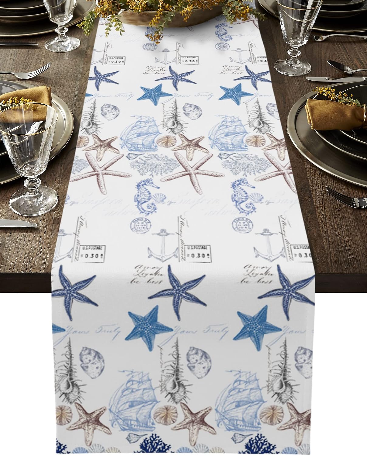Coastal Table Runner Dresser Scarves,Linen Burlap Table Setting Runners for Dinner Holiday Party, Undersea Starfish Shell and Seahorse Kitchen Decor Nautical Anchor 13x36inch