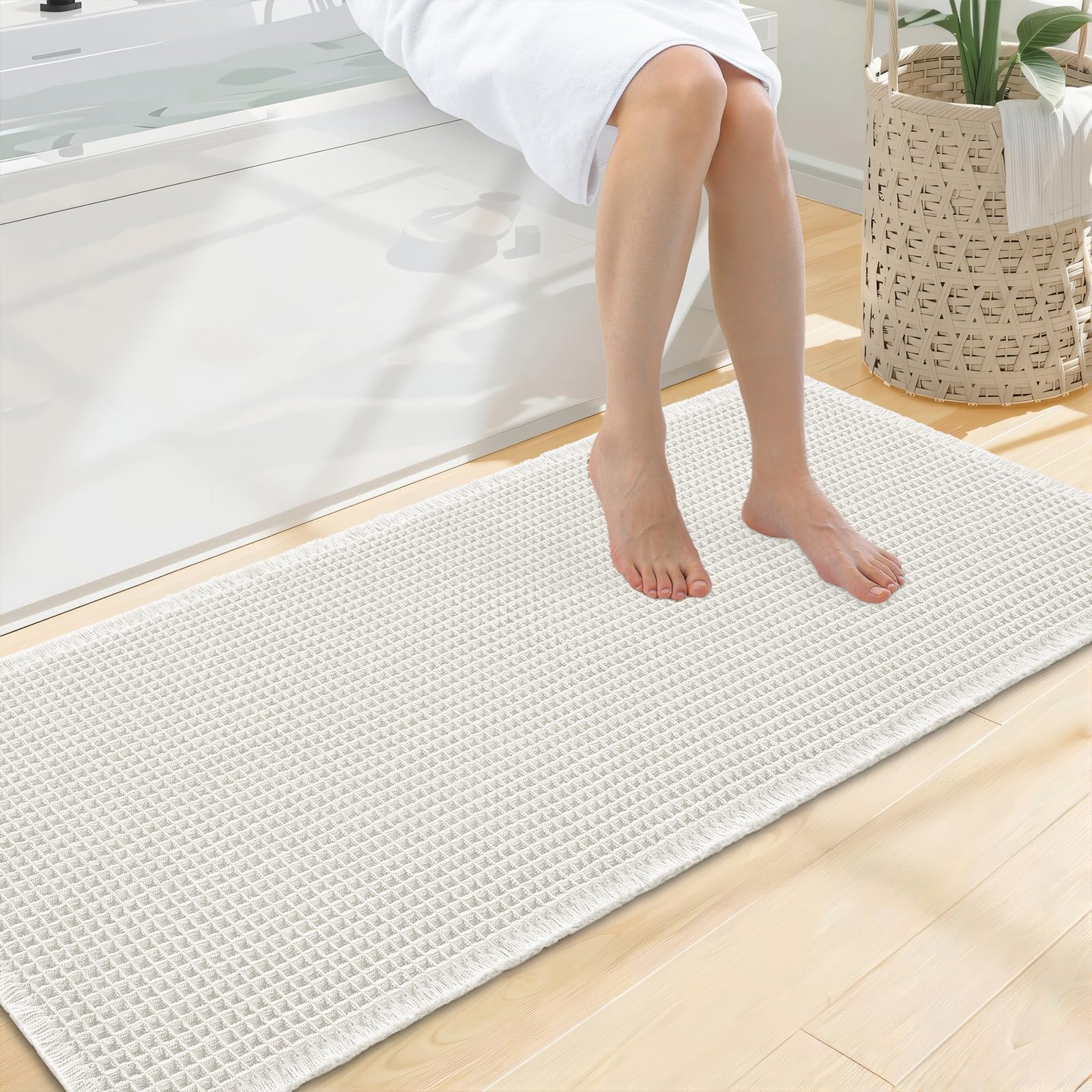 Smiry Waffle Bath Mat 47X20, Extra Soft Absorbent Bathroom Rugs, Off-White