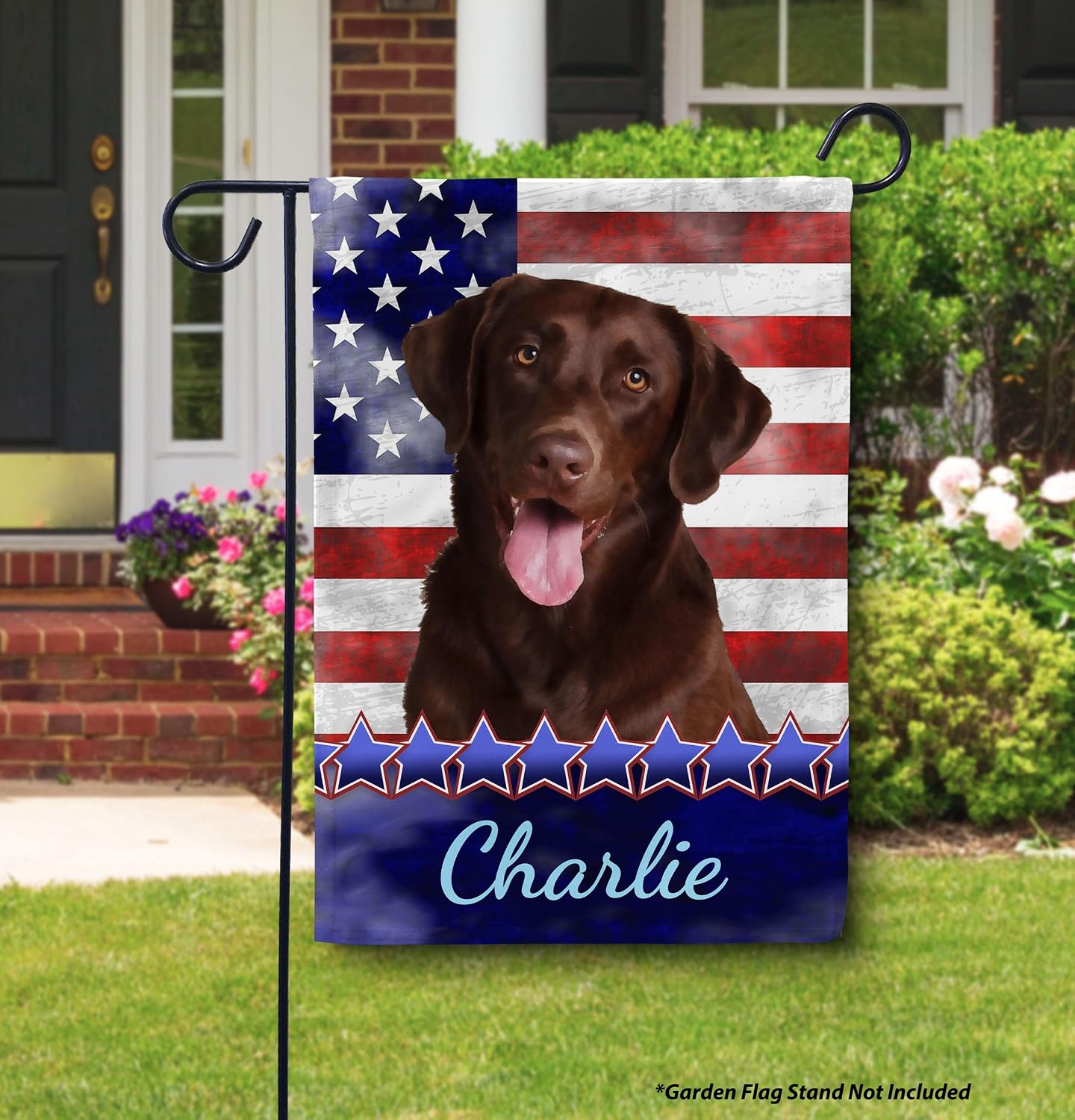 Flagology, Personalized Chocolate Labrador Retriever Patriotic Garden Flag 12" x 18", Custom Dog Name American Flag, Fourth of July Outdoor Lawn Décor, Stars and Stripes