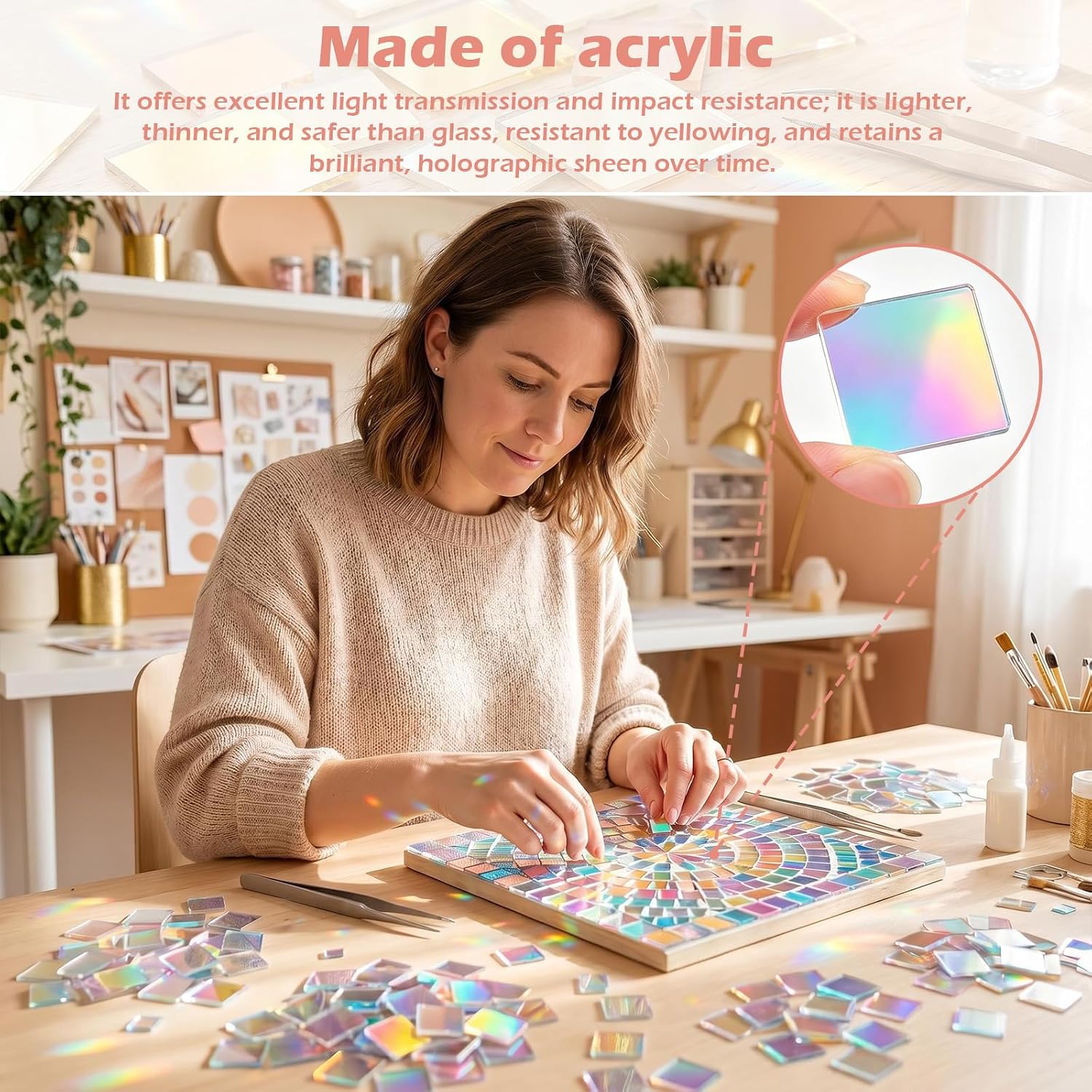 100 Pack Iridescent Acrylic Squares, Mini Rainbow Holographic Acrylic Squares for DIY Crafts, Mosaic Art, Light & Shadow Projects, Home Decoration