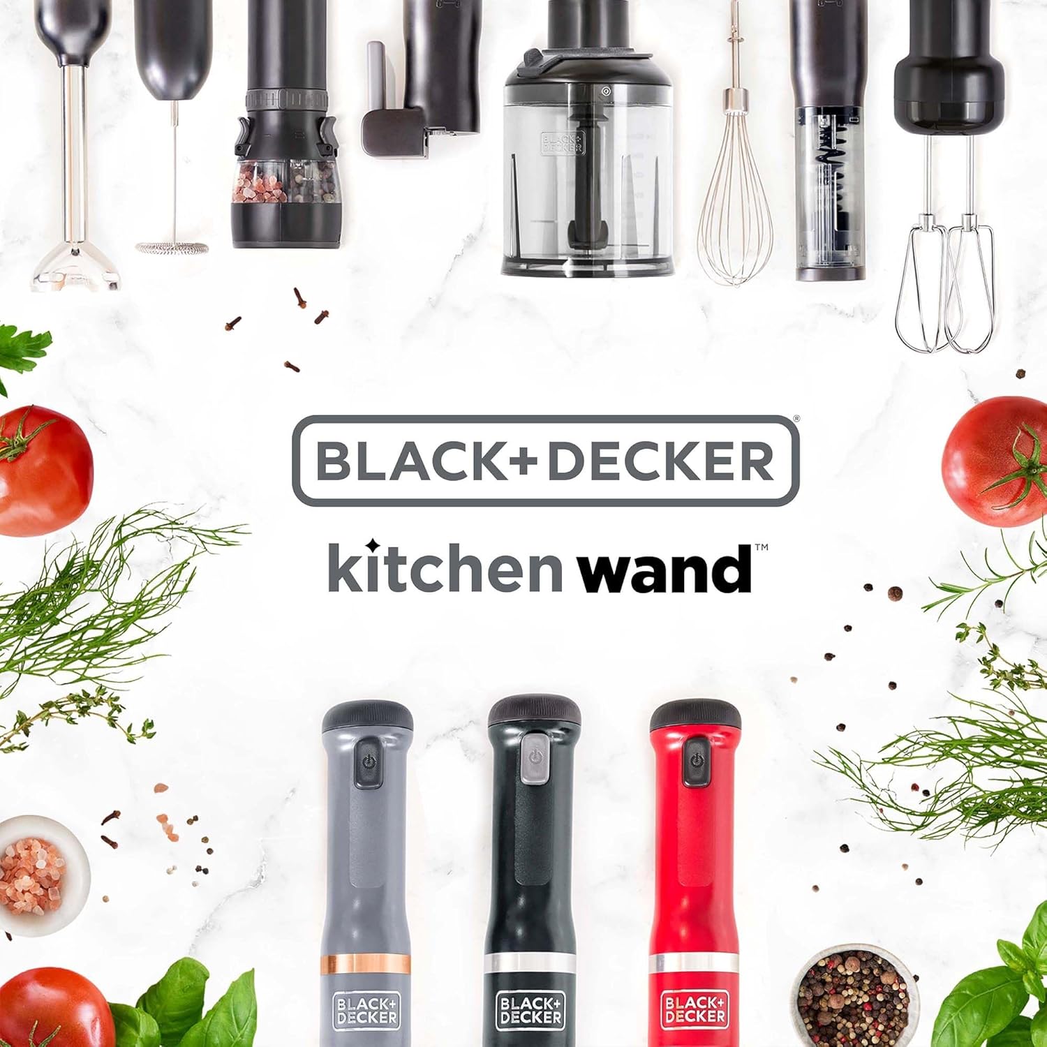 BLACK+DECKER Kitchen Wand Cordless Immersion Blender, 3 in 1 Multi Tool Set, Hand Blender with Charging Dock, Whisk and Food Chopper, Black (BCKM1013K10)