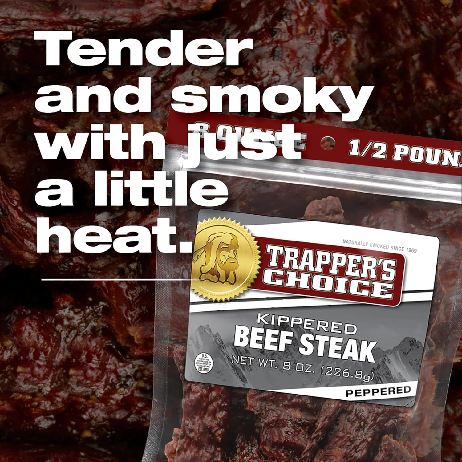 Old Trapper, Trapper's Choice Peppered Kippered Steak, Eight-Ounce Individual Package, Spicy Meat Snacks, 11 Grams of Protein and 70 Calories Per Serving (Pack of One) (Pack of 2)